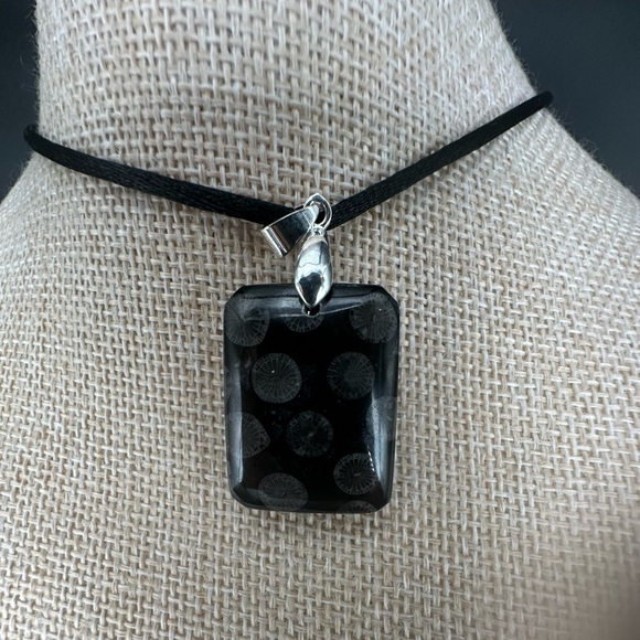 Black Coral Fossil Pendant Necklace on Black Satin Rope - Picture 4 of 14